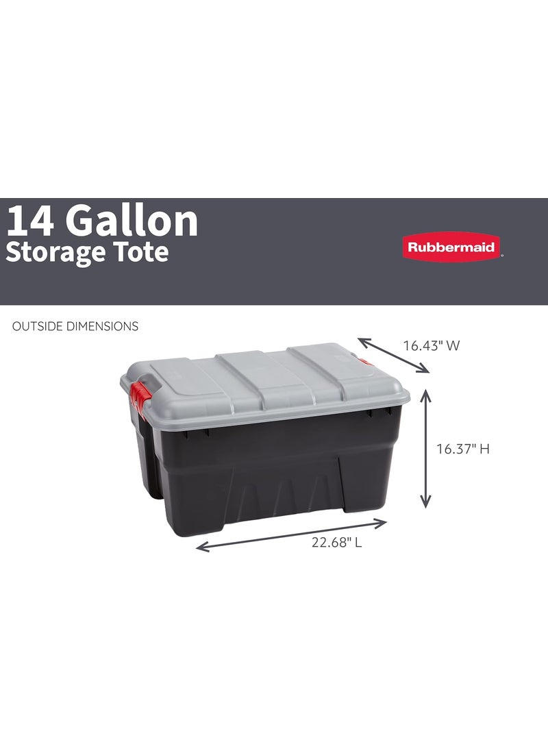 Rubbermaid Pack  Go 14 Gal Storage Tote Durable Design and Easy to Transport BuiltIn Handles Tie Down Channels and Lockable Snap Tight Lid Black Base with Gray Lid and Red Handles Pack of 3