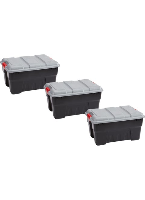Rubbermaid Pack  Go 14 Gal Storage Tote Durable Design and Easy to Transport BuiltIn Handles Tie Down Channels and Lockable Snap Tight Lid Black Base with Gray Lid and Red Handles Pack of 3