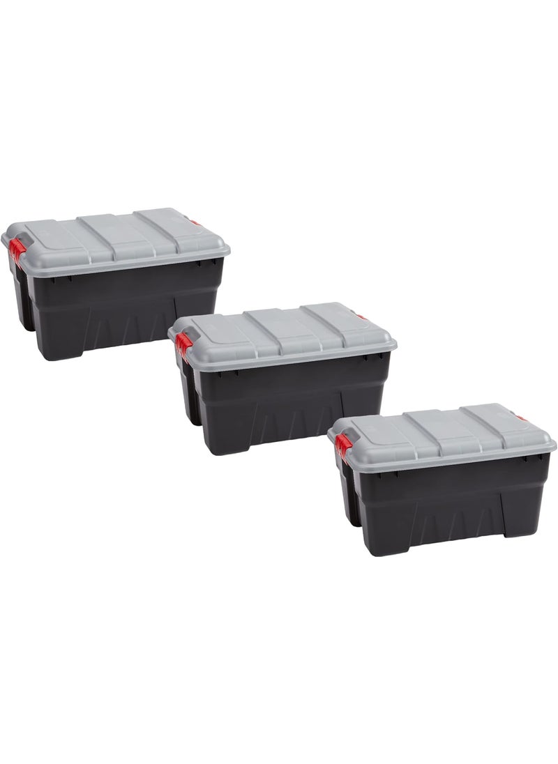 Rubbermaid Pack  Go 14 Gal Storage Tote Durable Design and Easy to Transport BuiltIn Handles Tie Down Channels and Lockable Snap Tight Lid Black Base with Gray Lid and Red Handles Pack of 3