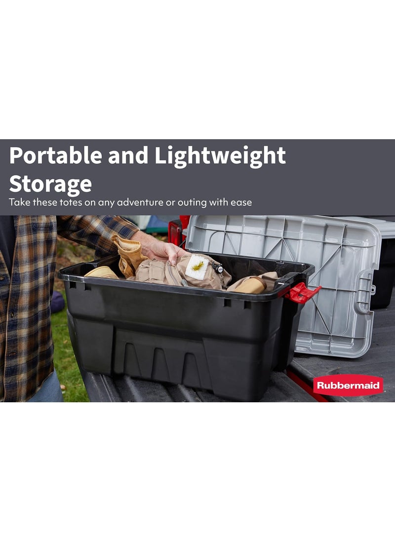 Rubbermaid Pack  Go 14 Gal Storage Tote Durable Design and Easy to Transport BuiltIn Handles Tie Down Channels and Lockable Snap Tight Lid Black Base with Gray Lid and Red Handles Pack of 3