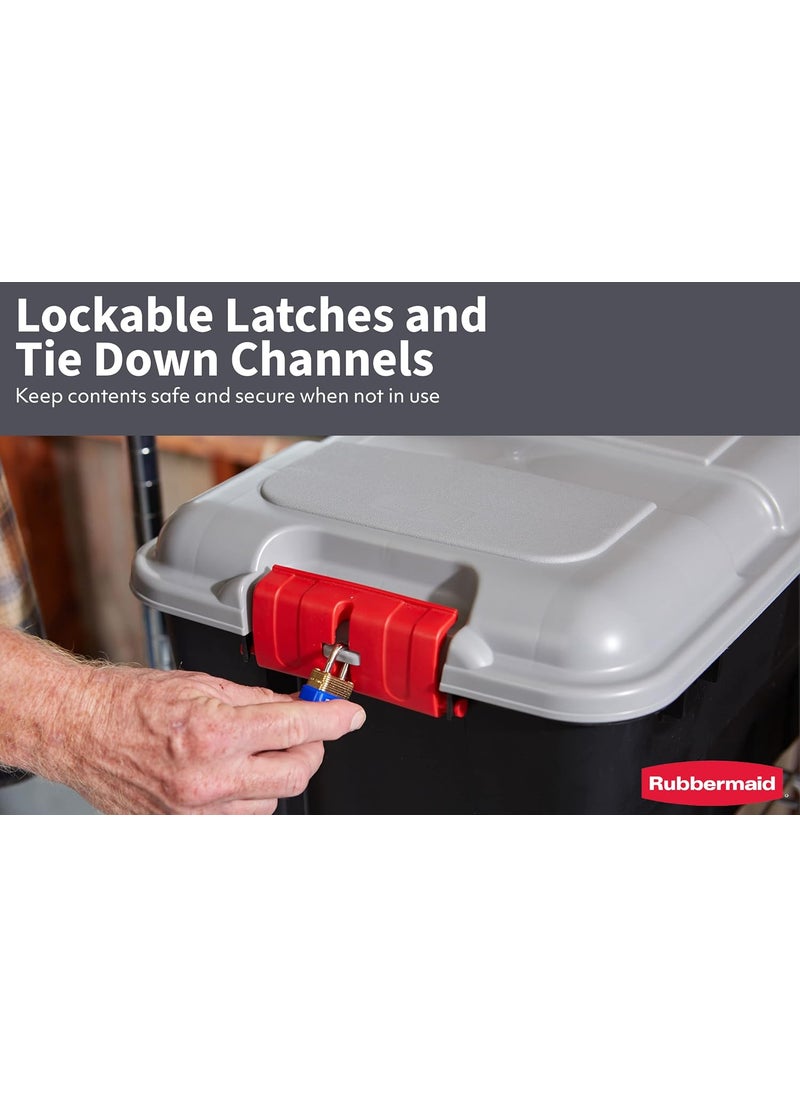 Rubbermaid Pack  Go 14 Gal Storage Tote Durable Design and Easy to Transport BuiltIn Handles Tie Down Channels and Lockable Snap Tight Lid Black Base with Gray Lid and Red Handles Pack of 3