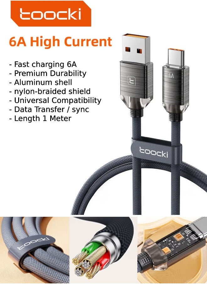 كابل Toocki USB-A إلى USB-C بقوة 6A، بطول ( 1 متر - رمادي ) – مضفر بنسيج نايلون متين، شحن سريع ونقل بيانات – متوافق مع Samsung وXiaomi وHuawei وOppo وOnePlus والمزيد  - Image 1