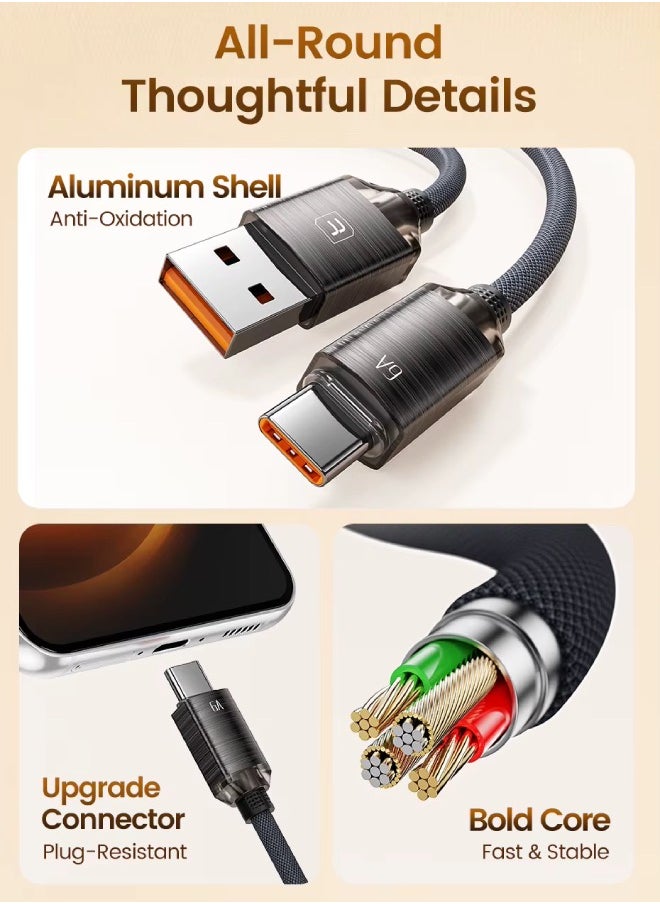 كابل Toocki USB-A إلى USB-C بقوة 6A، بطول ( 1 متر - رمادي ) – مضفر بنسيج نايلون متين، شحن سريع ونقل بيانات – متوافق مع Samsung وXiaomi وHuawei وOppo وOnePlus والمزيد  - Image 2