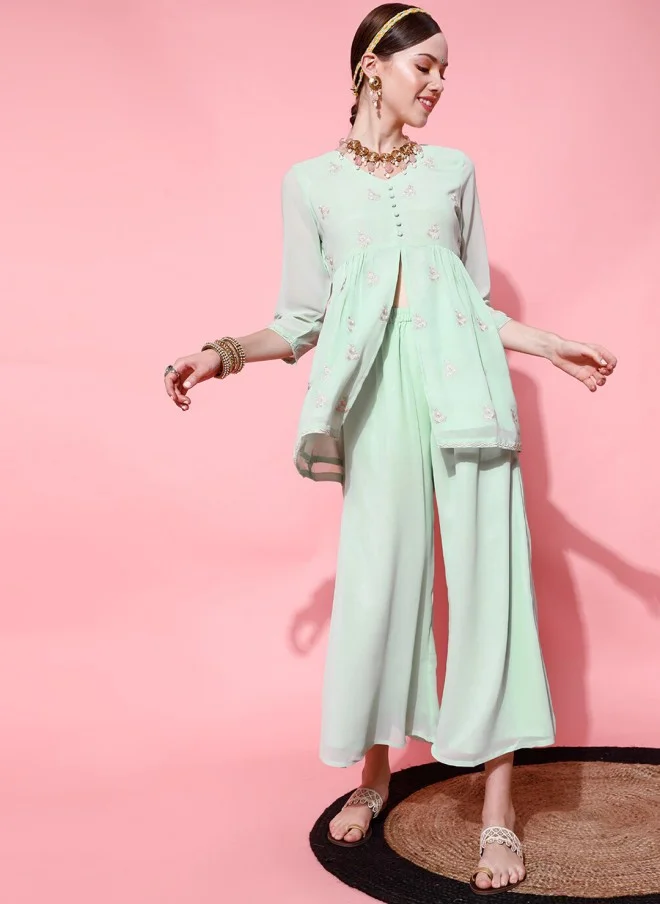 Indo Street Floral Embroidered Kurti with Palazzos for Women