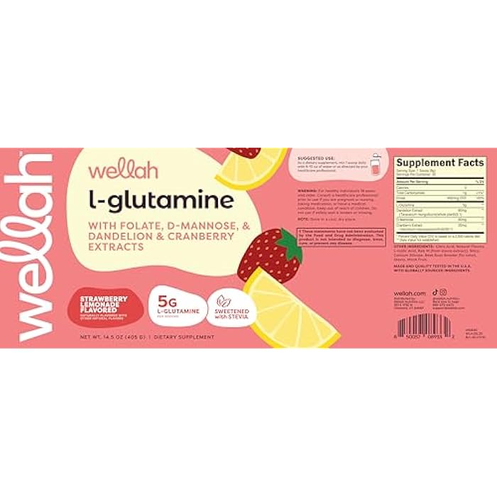 Wellah L-Glutamine Strawberry Lemonade Flavored (50 Servings) - 5g L-Glutamine Per Serving, Sweetened with Stevia - Image 5
