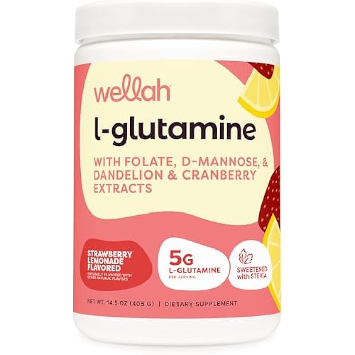 Wellah L-Glutamine Strawberry Lemonade Flavored (50 Servings) - 5g L-Glutamine Per Serving, Sweetened with Stevia - Image 1