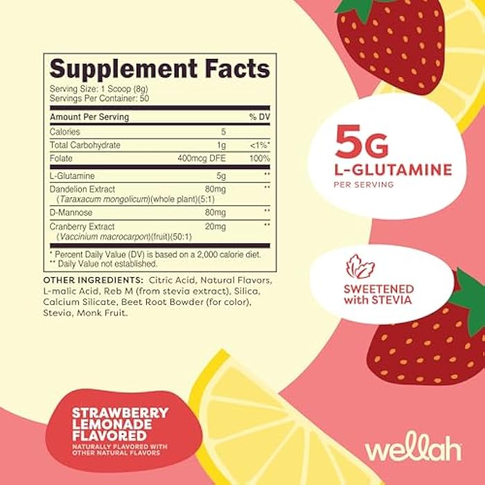 Wellah L-Glutamine Strawberry Lemonade Flavored (50 Servings) - 5g L-Glutamine Per Serving, Sweetened with Stevia - Image 2