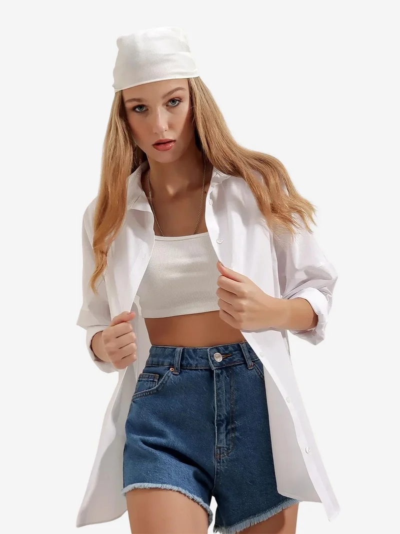 Big Dart White BDART Oversized Patterned Poplin Shirt With Button Closure for Women | Best Price UAE