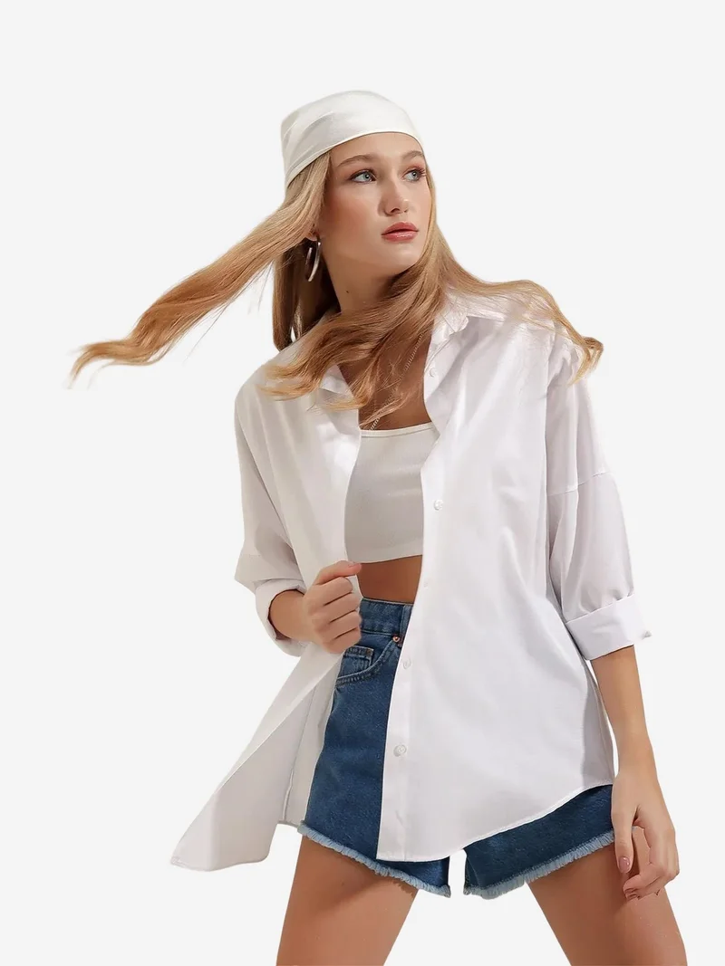 Big Dart White BDART Oversized Patterned Poplin Shirt With Button Closure for Women | Best Price UAE