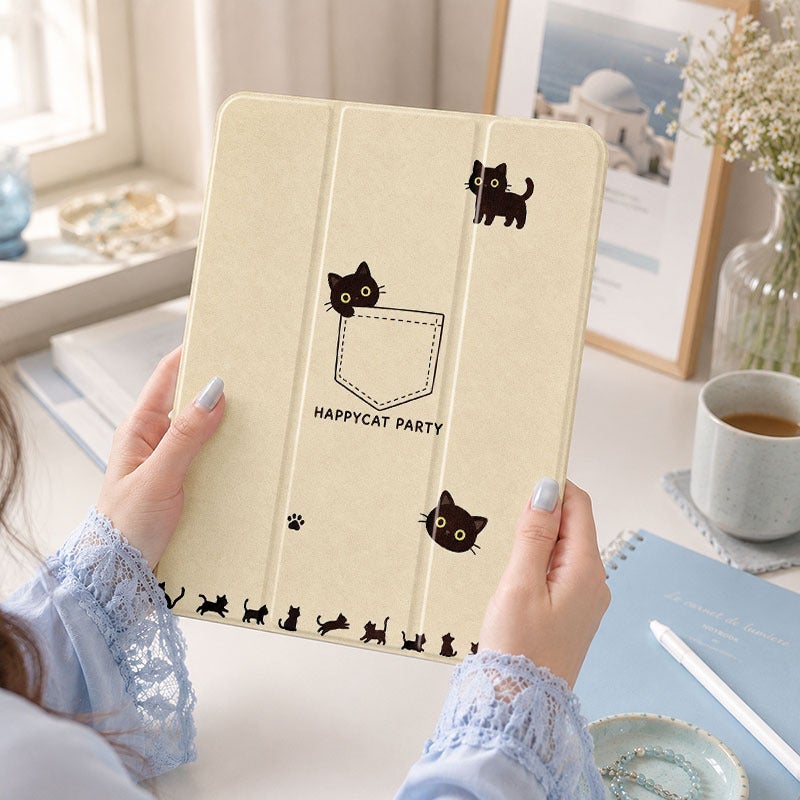Tablet Case for iPad, Black Cats Pocket Doodle, iPad Case for Mini Air Pro 4 5 6 7 8 9 10 11 12, for 7.9 8.3 9.7 10.2 10.5 10.9 11 12.9 13 inch Clear Protective Anti-Drop Cover with Stand - Image 1