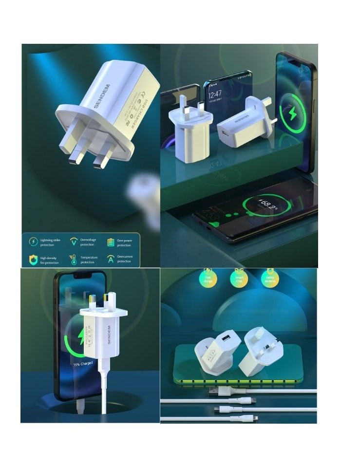 2.4A Fast Charger with iPhone Charging Cable For iPad iPhone 14 14 Pro 14 Pro Max iPhone 13 SAMSUNG HUAWEI XIAOMI Etc White