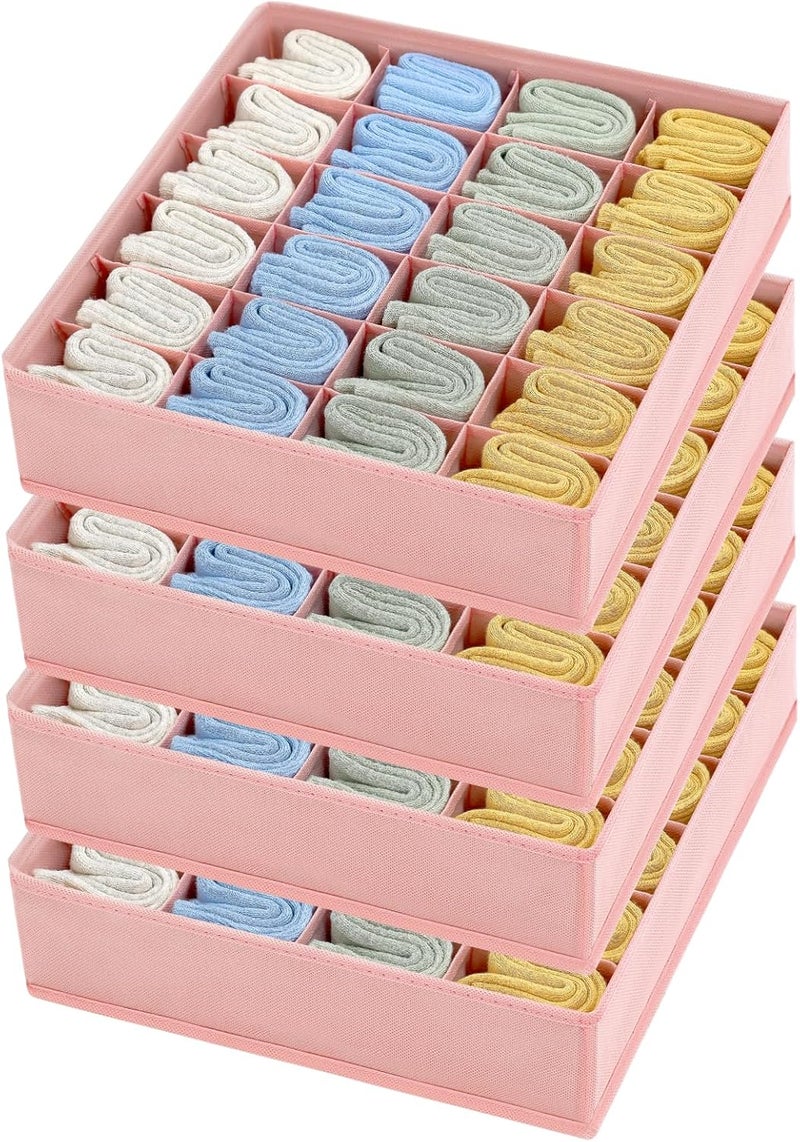 Easortm Sock Organizer 4 Pack - 24 Cell Foldable Underwear & Sock Storage, Drawer Organizer for Ties, Belts. (Pink) - Image 1