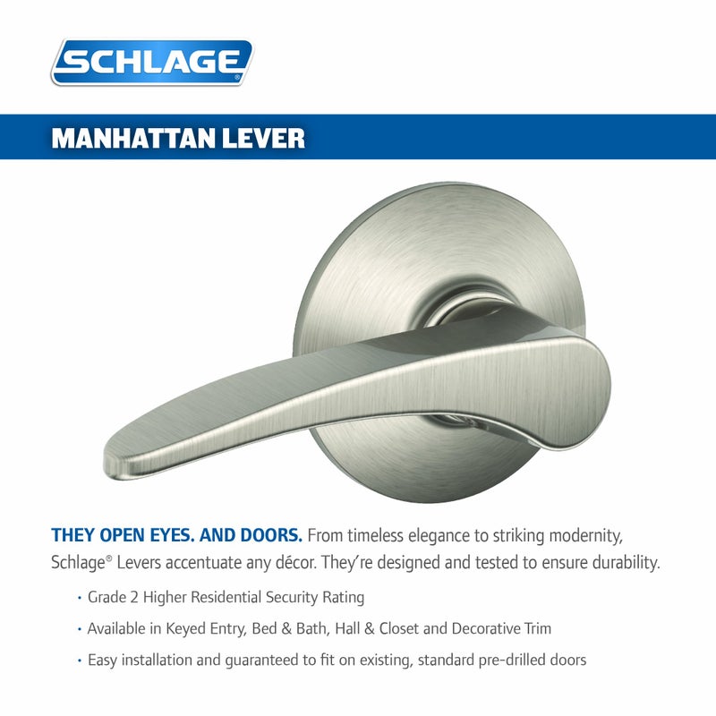Schlage F40MNH619 Manhattan Privacy Lever, Satin Nickel - Image 2
