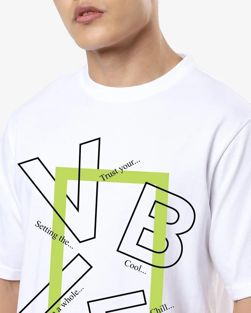 bewakoof Men's White Vibe Typography Oversized T-shirt