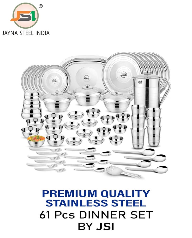 JSI Stainless Steel Dinner Set for Kitchen 61 Pieces Silver Color 100 Food Grade Quality Steel Dinner SetKitchen Set for Home I Attractive Silver Touch Design with Glossy Mirror Finish - Image 3