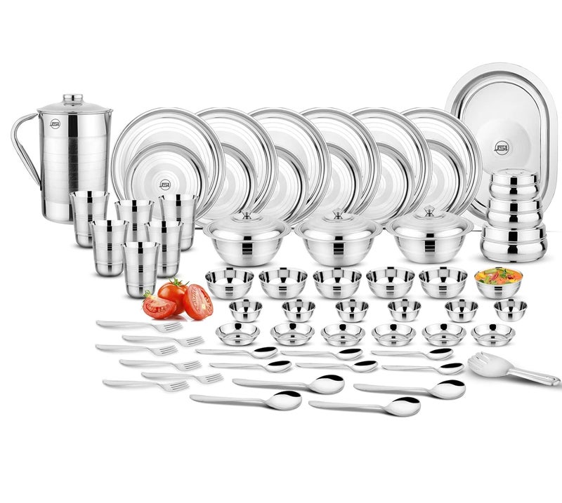 JSI Stainless Steel Dinner Set for Kitchen 61 Pieces Silver Color 100 Food Grade Quality Steel Dinner SetKitchen Set for Home I Attractive Silver Touch Design with Glossy Mirror Finish - Image 1