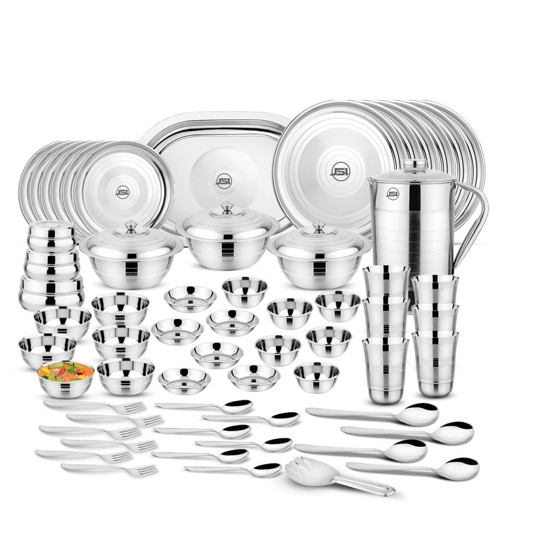 JSI Stainless Steel Dinner Set for Kitchen 61 Pieces Silver Color 100 Food Grade Quality Steel Dinner SetKitchen Set for Home I Attractive Silver Touch Design with Glossy Mirror Finish - Image 2