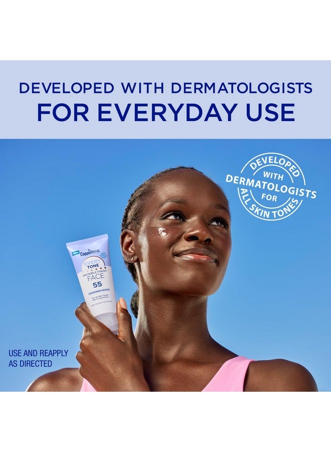 لوشن واقي من الشمس للوجه من Coppertone Every Tone Invisible Finish SPF 55، خفيف الوزن، يمتزج مع واقي الشمس الشفاف لجميع ألوان البشرة، أنبوب 2 أونصة سائلة - Image 3