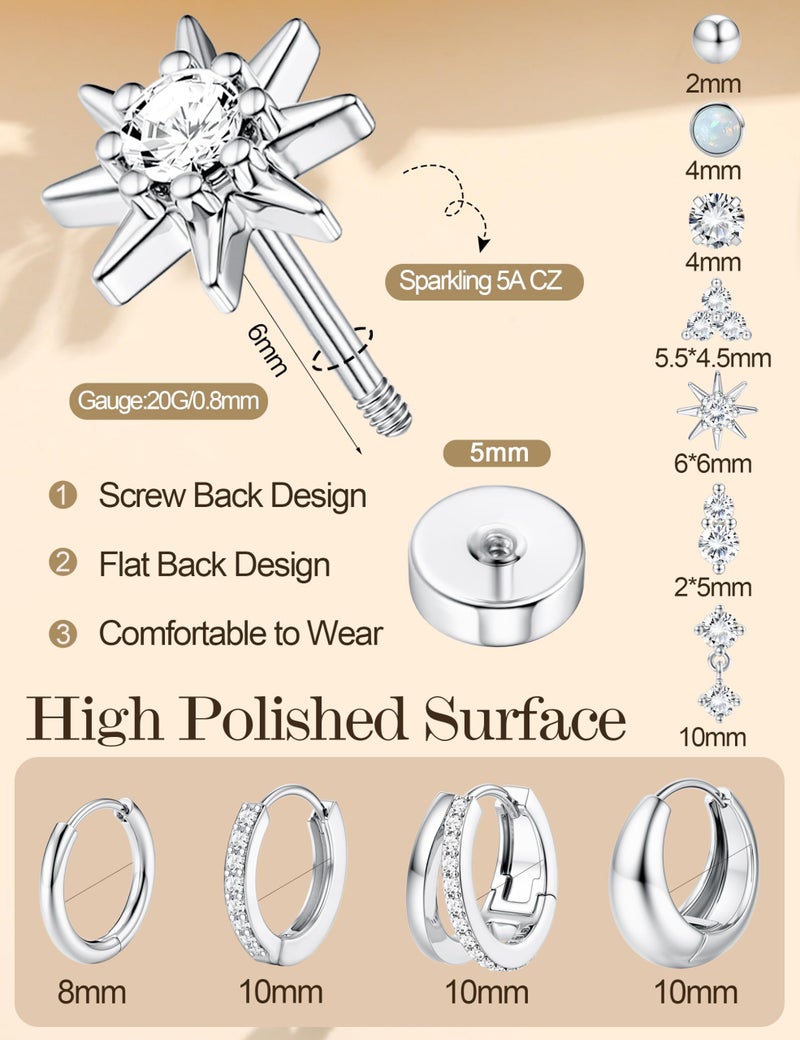 LOYALLOOK Hypoallergenic Flat Back Earrings for Women Silver Plated Surgical Steel Stud Hoop Earring Stacks Dainty Small Huggie Hoops Flatback Stud Cartilage Earring Sets for Multiple Piercing - Image 5
