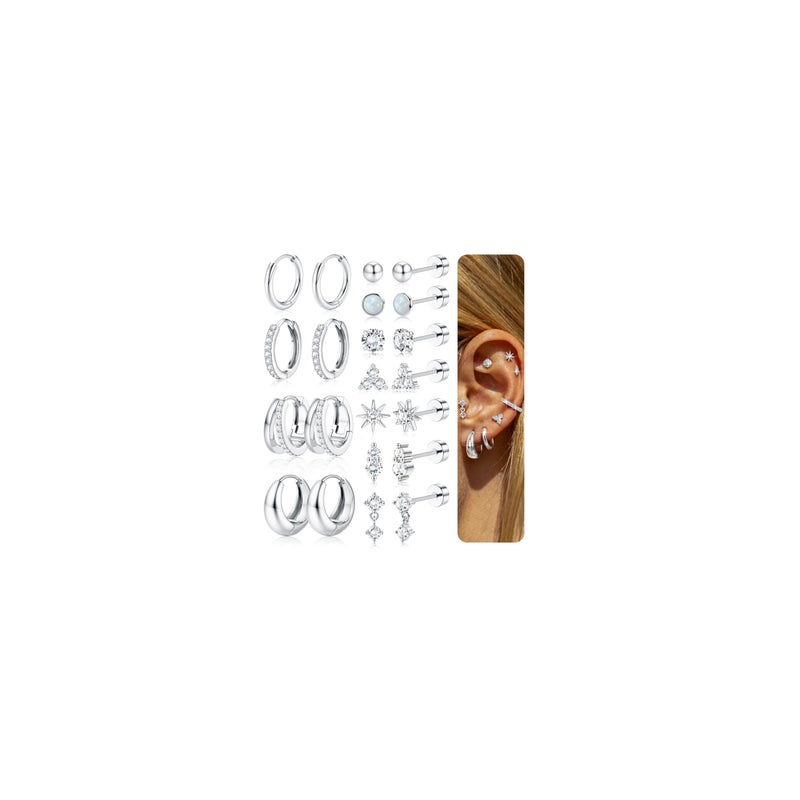 LOYALLOOK Hypoallergenic Flat Back Earrings for Women Silver Plated Surgical Steel Stud Hoop Earring Stacks Dainty Small Huggie Hoops Flatback Stud Cartilage Earring Sets for Multiple Piercing - Image 1