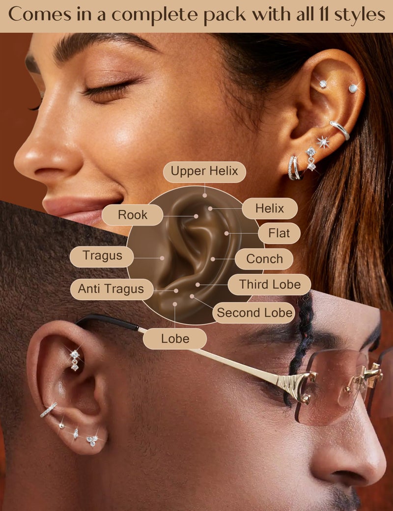 LOYALLOOK Hypoallergenic Flat Back Earrings for Women Silver Plated Surgical Steel Stud Hoop Earring Stacks Dainty Small Huggie Hoops Flatback Stud Cartilage Earring Sets for Multiple Piercing - Image 3