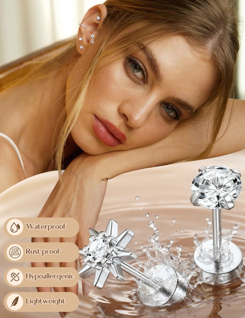 LOYALLOOK Hypoallergenic Flat Back Earrings for Women Silver Plated Surgical Steel Stud Hoop Earring Stacks Dainty Small Huggie Hoops Flatback Stud Cartilage Earring Sets for Multiple Piercing - Image 4