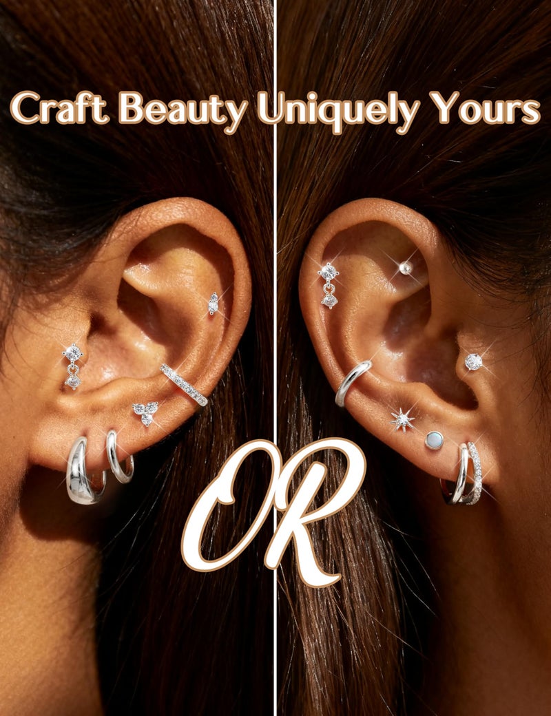 LOYALLOOK Hypoallergenic Flat Back Earrings for Women Silver Plated Surgical Steel Stud Hoop Earring Stacks Dainty Small Huggie Hoops Flatback Stud Cartilage Earring Sets for Multiple Piercing - Image 2