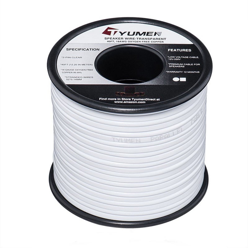 Tyumen 18 AWG Gauge 2 Conductor Stranded 40 FT Roll Speaker Zip Wire Car Home Audio Cable, 99.95% Oxygen Free Copper Wires, White - Image 1