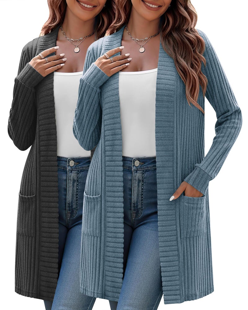 Huukeay 2 Pack Women's Plus Size Cardigans, Long Sleeves Knit Outerwear Coats Open Front Casual Spring Sweaters with Pockets(Dark Gray, Blue,4X-Large) - Image 1