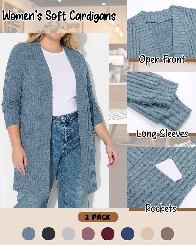 Huukeay 2 Pack Women's Plus Size Cardigans, Long Sleeves Knit Outerwear Coats Open Front Casual Spring Sweaters with Pockets(Dark Gray, Blue,4X-Large) - Image 5