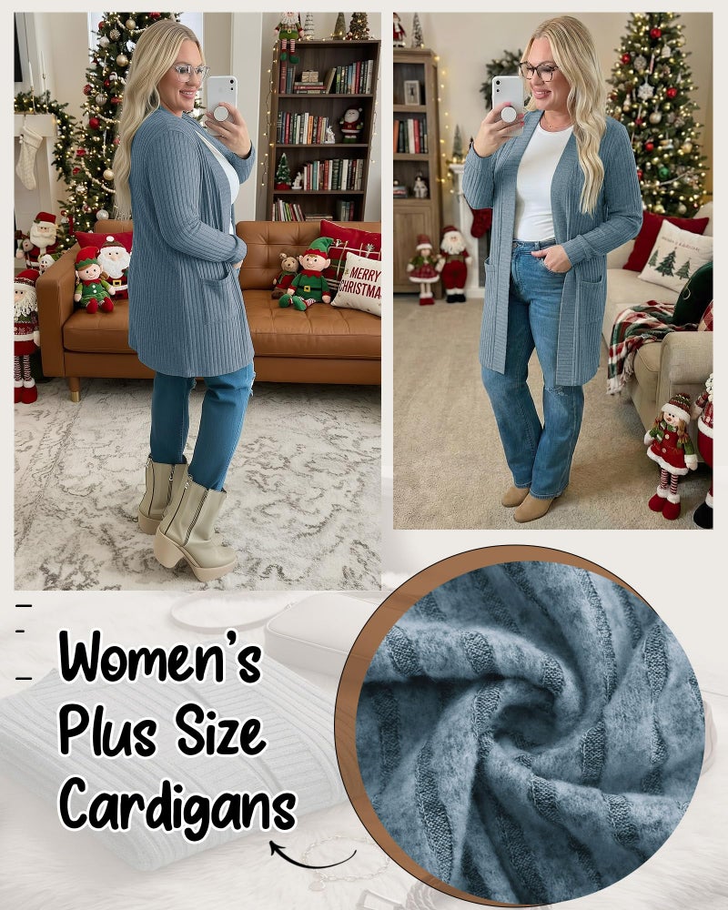 Huukeay 2 Pack Women's Plus Size Cardigans, Long Sleeves Knit Outerwear Coats Open Front Casual Spring Sweaters with Pockets(Dark Gray, Blue,4X-Large) - Image 3