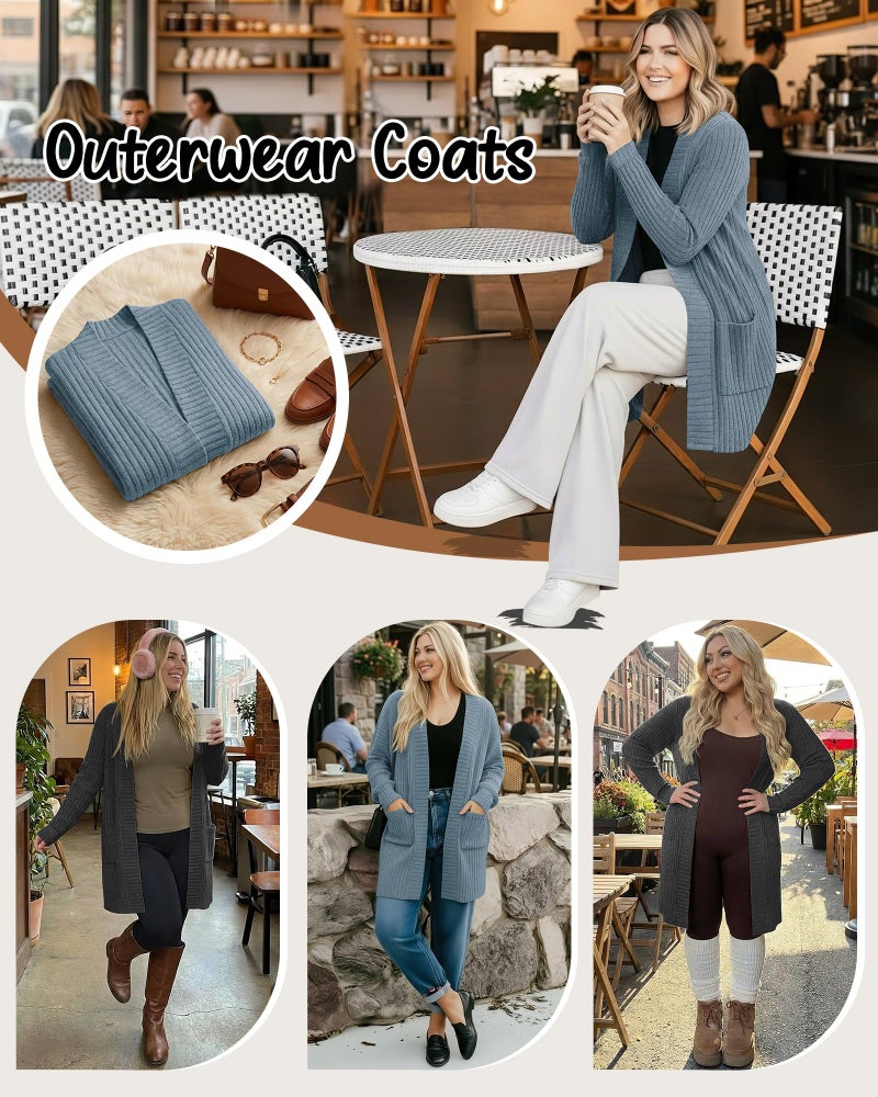 Huukeay 2 Pack Women's Plus Size Cardigans, Long Sleeves Knit Outerwear Coats Open Front Casual Spring Sweaters with Pockets(Dark Gray, Blue,4X-Large) - Image 2