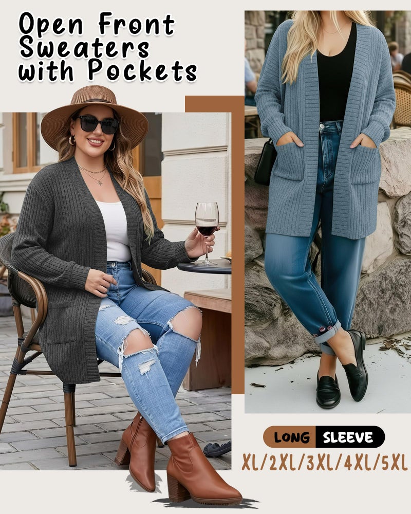 Huukeay 2 Pack Women's Plus Size Cardigans, Long Sleeves Knit Outerwear Coats Open Front Casual Spring Sweaters with Pockets(Dark Gray, Blue,4X-Large) - Image 4