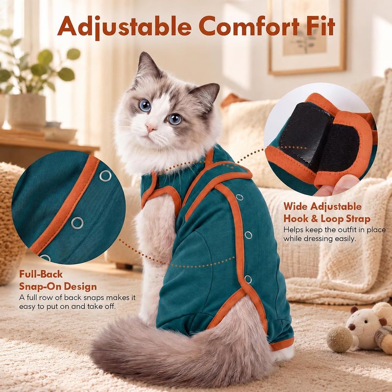 ADNIKIA Cat Recovery Suit After Surgery, Soft Onesie Surgical Suit for Anti-Licking & Wound Care, Spay Suit for Female & Male Cats, Kitten Cone Alternative with Full Back Button Closure, Green M - Image 2