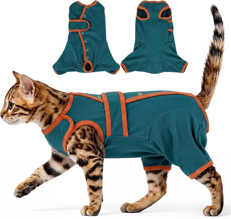 ADNIKIA Cat Recovery Suit After Surgery, Soft Onesie Surgical Suit for Anti-Licking & Wound Care, Spay Suit for Female & Male Cats, Kitten Cone Alternative with Full Back Button Closure, Green M - Image 1