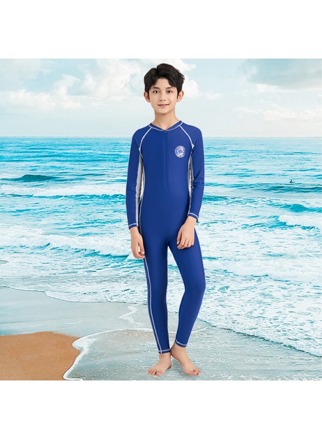 إسكدنيا ملابس سباحة للأطفال بأكمام طويلة قطعة واحدة ملابس سباحة ربيعية ساخنة صغيرة ومتوسطة وكبيرة للأطفال بدلة غوص للأولاد للحماية من الشمس - اللون: 22518 أزرق ياقوتي - - Image 1