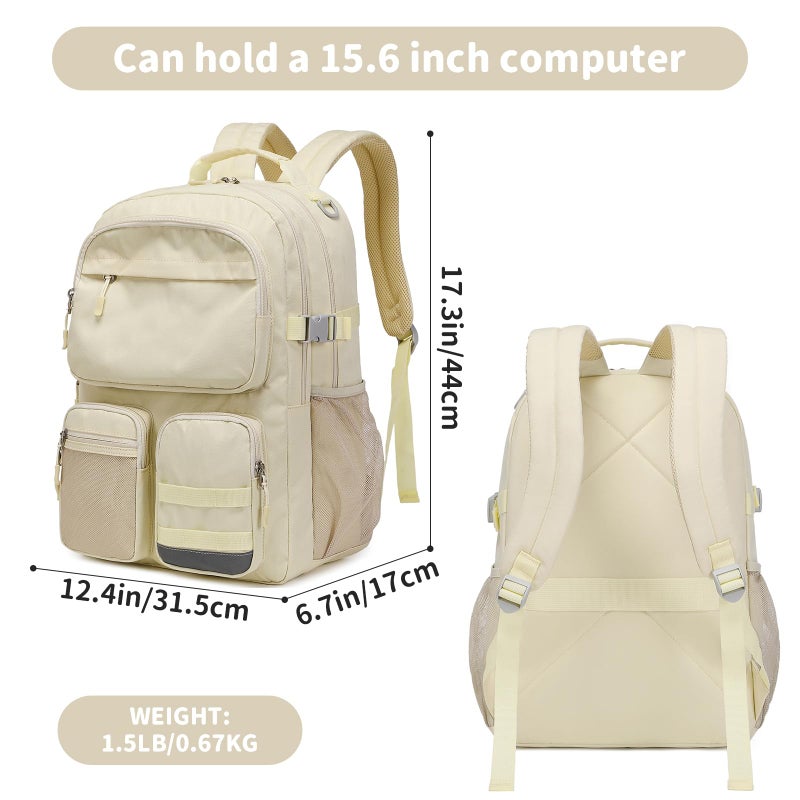 Lohol Water Resistant Backpack with Multifunctional Pockets for Teens, Durable Bookbag fits 15.6 inch Laptop for School Travel College, 25L (Beige) - Image 3