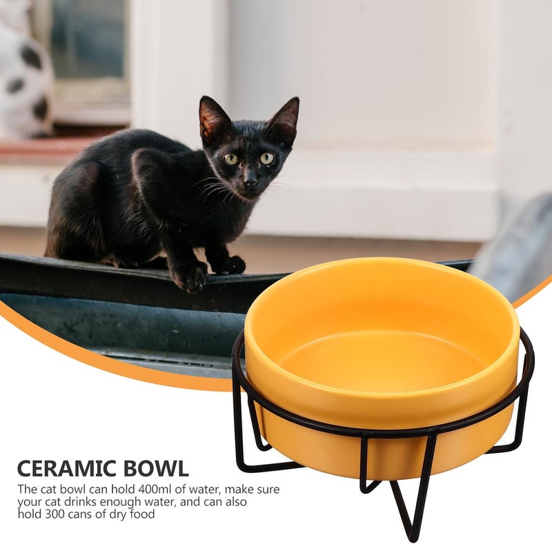 Ceramic Pet Bowl with Iron Stand for Cats and Dogs Anti-Spill Elevated Feeder Dish Matte Finish Bite-Resistant Food and Water Holder Yellow Bowl with Black Frame - Image 3