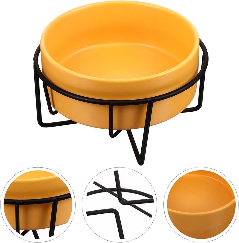 Ceramic Pet Bowl with Iron Stand for Cats and Dogs Anti-Spill Elevated Feeder Dish Matte Finish Bite-Resistant Food and Water Holder Yellow Bowl with Black Frame - Image 5