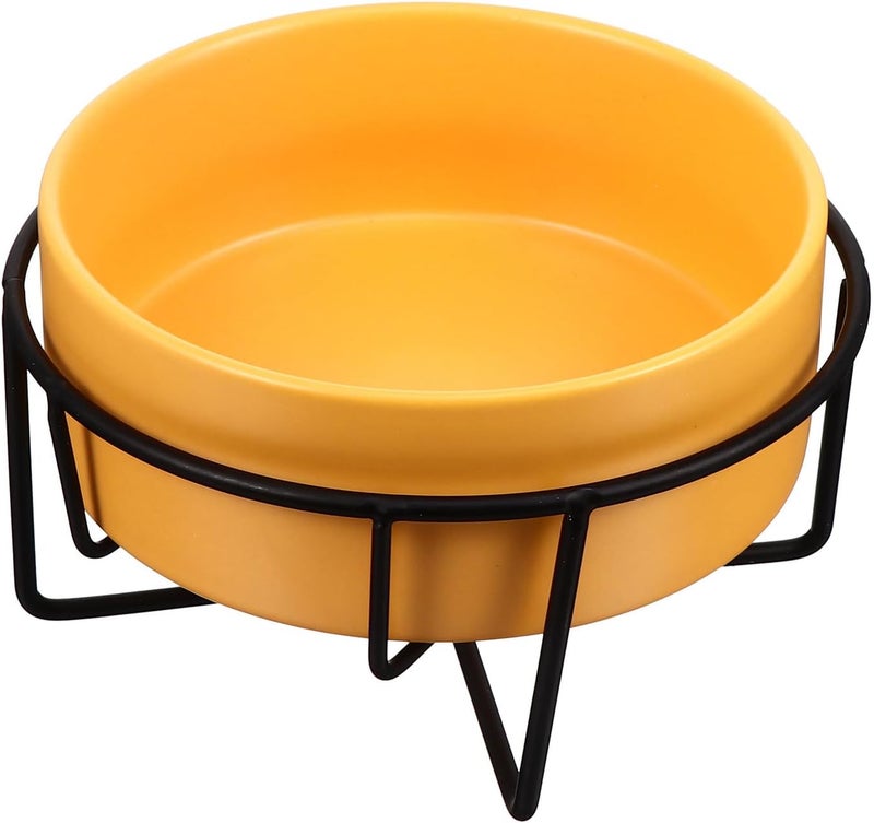 Ceramic Pet Bowl with Iron Stand for Cats and Dogs Anti-Spill Elevated Feeder Dish Matte Finish Bite-Resistant Food and Water Holder Yellow Bowl with Black Frame - Image 1