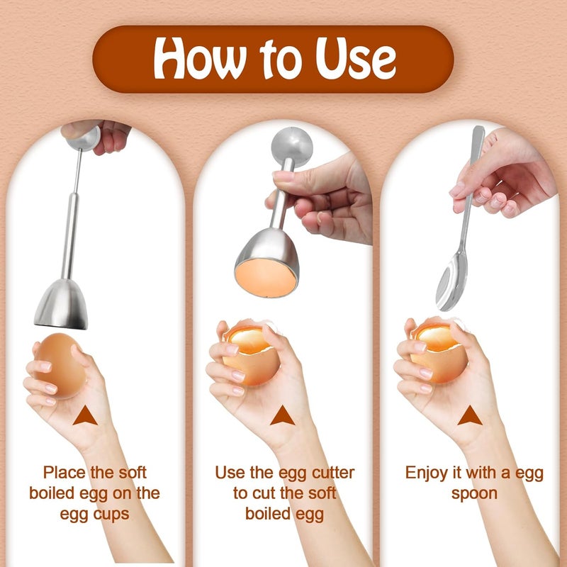 vibedor Egg Cups & Cracker Set of 5, 1 Stainless Steel Egg Topper Cutter - 2 Egg Holders for Soft Boiled Eggs - 2 Egg Spoons for Boiled Eggs - Image 5
