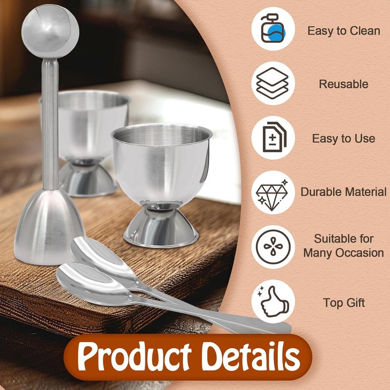 vibedor Egg Cups & Cracker Set of 5, 1 Stainless Steel Egg Topper Cutter - 2 Egg Holders for Soft Boiled Eggs - 2 Egg Spoons for Boiled Eggs - Image 4