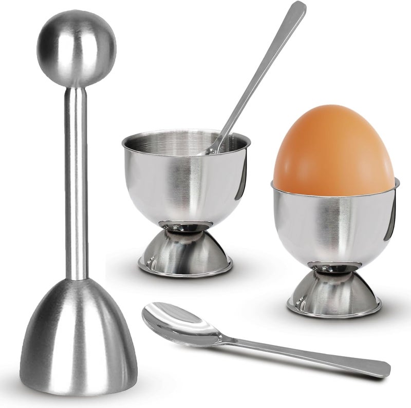 vibedor Egg Cups & Cracker Set of 5, 1 Stainless Steel Egg Topper Cutter - 2 Egg Holders for Soft Boiled Eggs - 2 Egg Spoons for Boiled Eggs - Image 1
