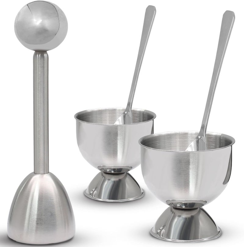 vibedor Egg Cups & Cracker Set of 5, 1 Stainless Steel Egg Topper Cutter - 2 Egg Holders for Soft Boiled Eggs - 2 Egg Spoons for Boiled Eggs - Image 2