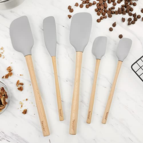 Tovolo Silicone Spatula with Wooden Handle Set of 5 Piece Silicone Kitchen Utensil Set Spoonula Jar Scraper Mini Spatula and Spoonula for Cooking Baking Mixing Folding Oyster Gray - Image 3