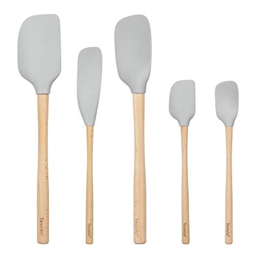 Tovolo Silicone Spatula with Wooden Handle Set of 5 Piece Silicone Kitchen Utensil Set Spoonula Jar Scraper Mini Spatula and Spoonula for Cooking Baking Mixing Folding Oyster Gray - Image 1