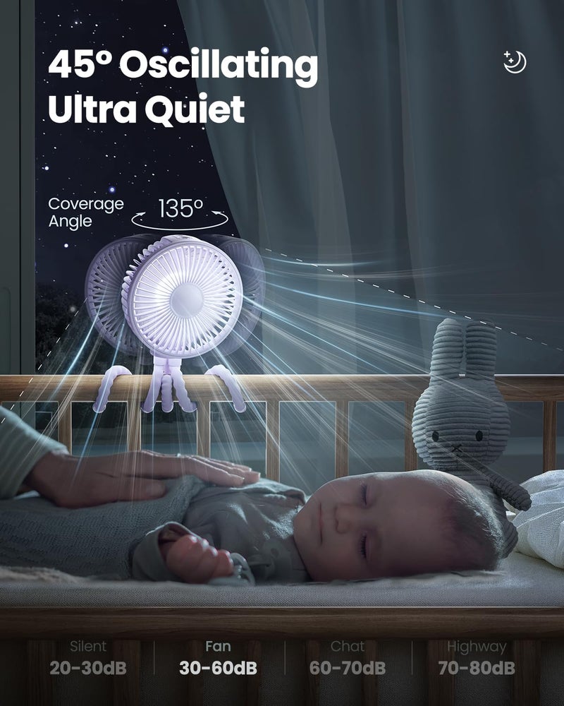Gaiatop Oscillating Baby Stroller Fan with LED Night Light, 4 Speeds Cooling Rechargeable 360Â° Rotate Clip On, Battery Operated Small Portable Fans for Car Seat Crib Treadmill Travel - Image 2