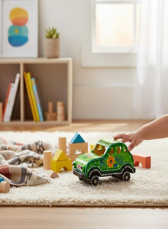 ITOS365 Handmade Wooden Car Toy for Kids | Hand-Painted Indian Folk Art Design | Eco-Friendly Wooden Vehicle | Decorative & Educational Toy | Gift for Children (Green) - Image 2