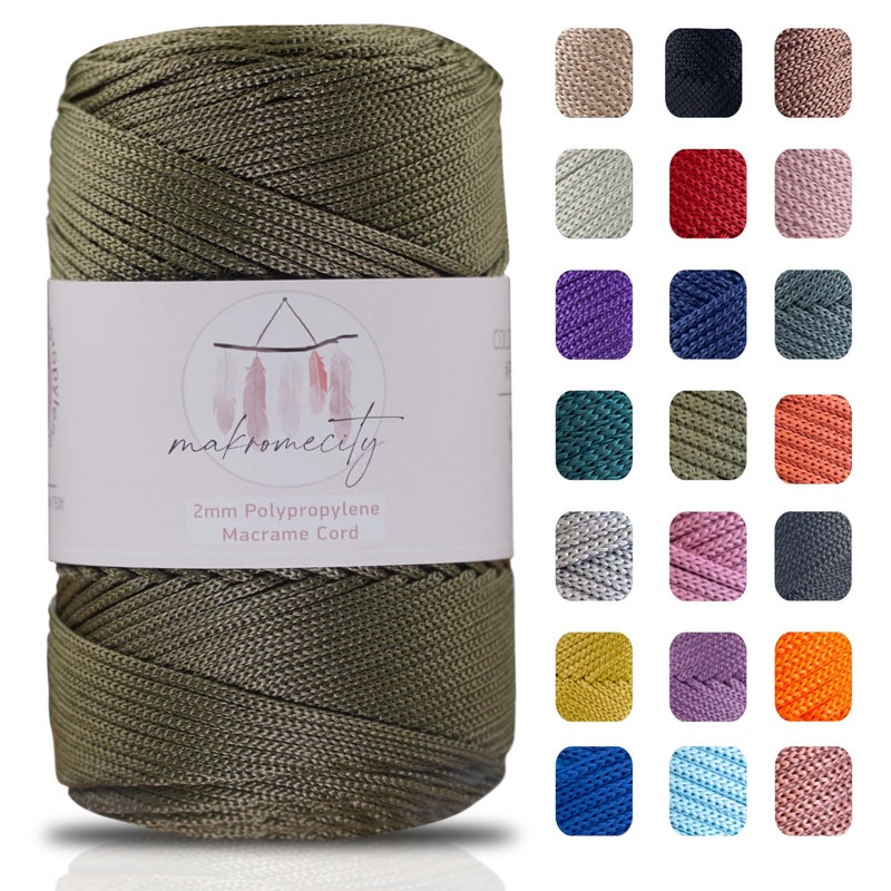 Makromecity Polyester Macrame Cord 2mm x 250 yards 750 feet 2mm Polypropylene Olive Drab Macrame Cord Crochet Macrame Bag Cord Crafts for Wall Hangings Bags Underplate Rug