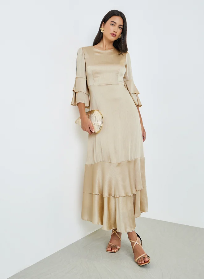 Beige Flute Sleeves A-Line Maxi Dress